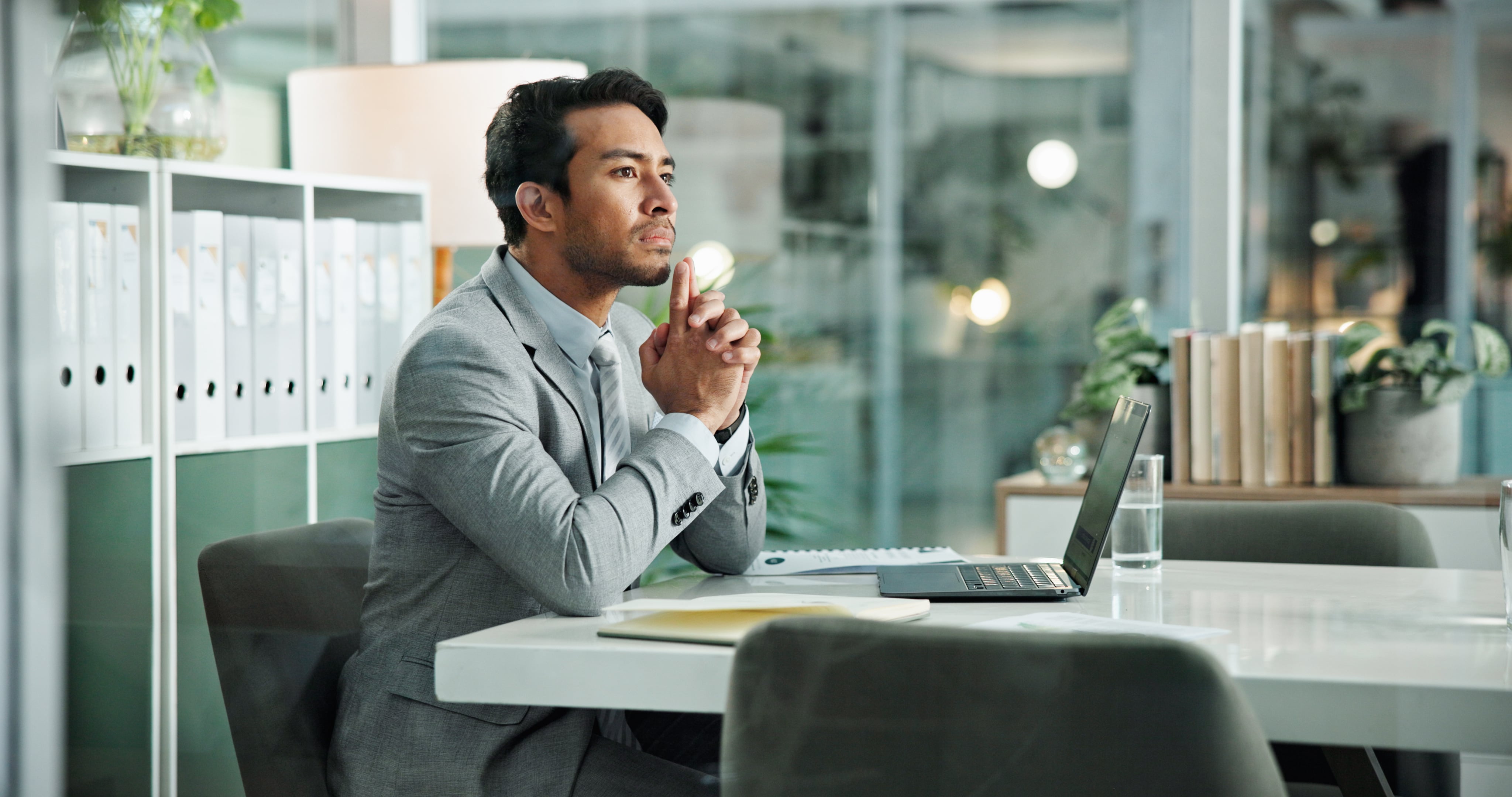 Businessman, accountant and thinking with laptop for company decision