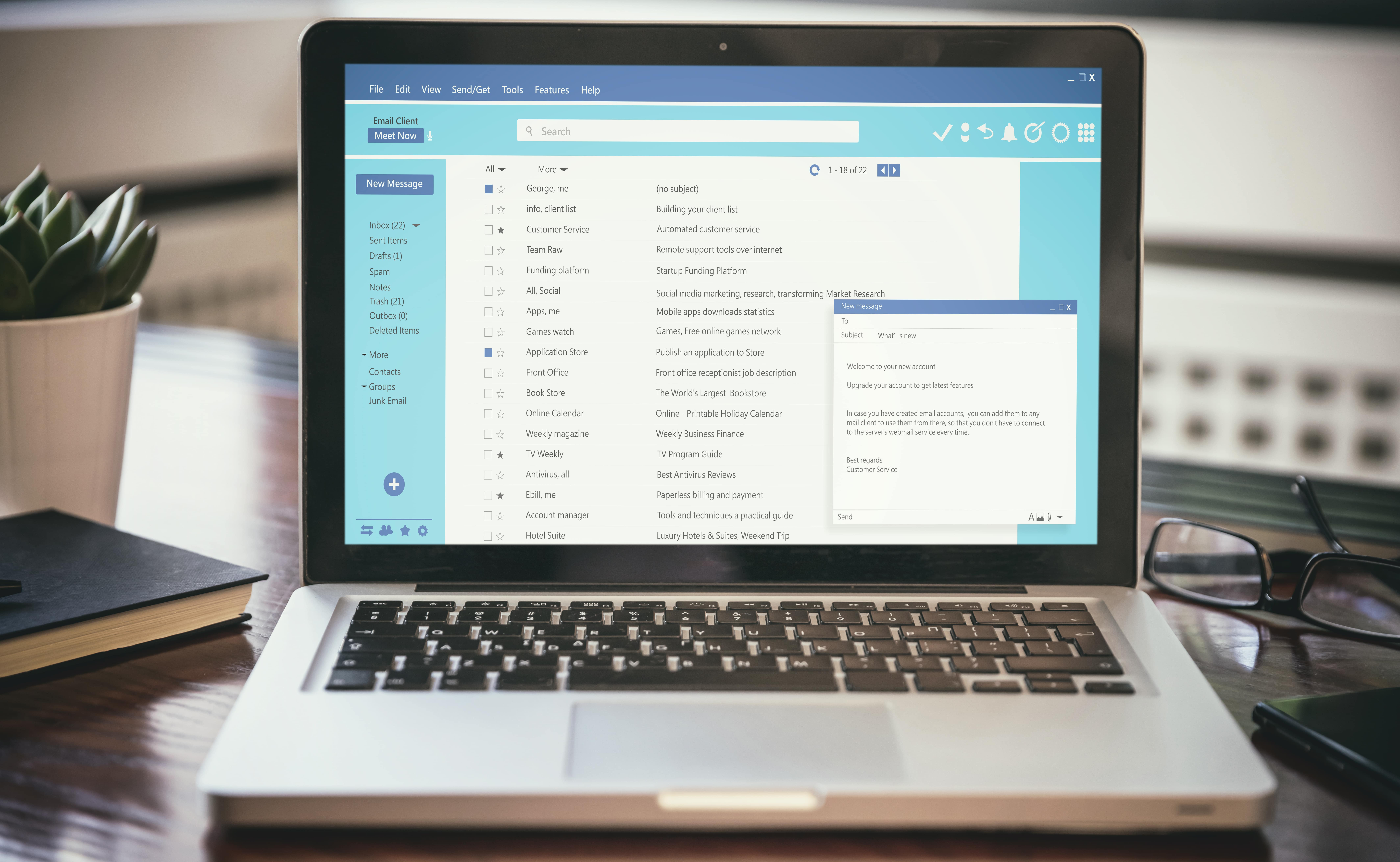 Client mail list on computer laptop screen. Email message communication.